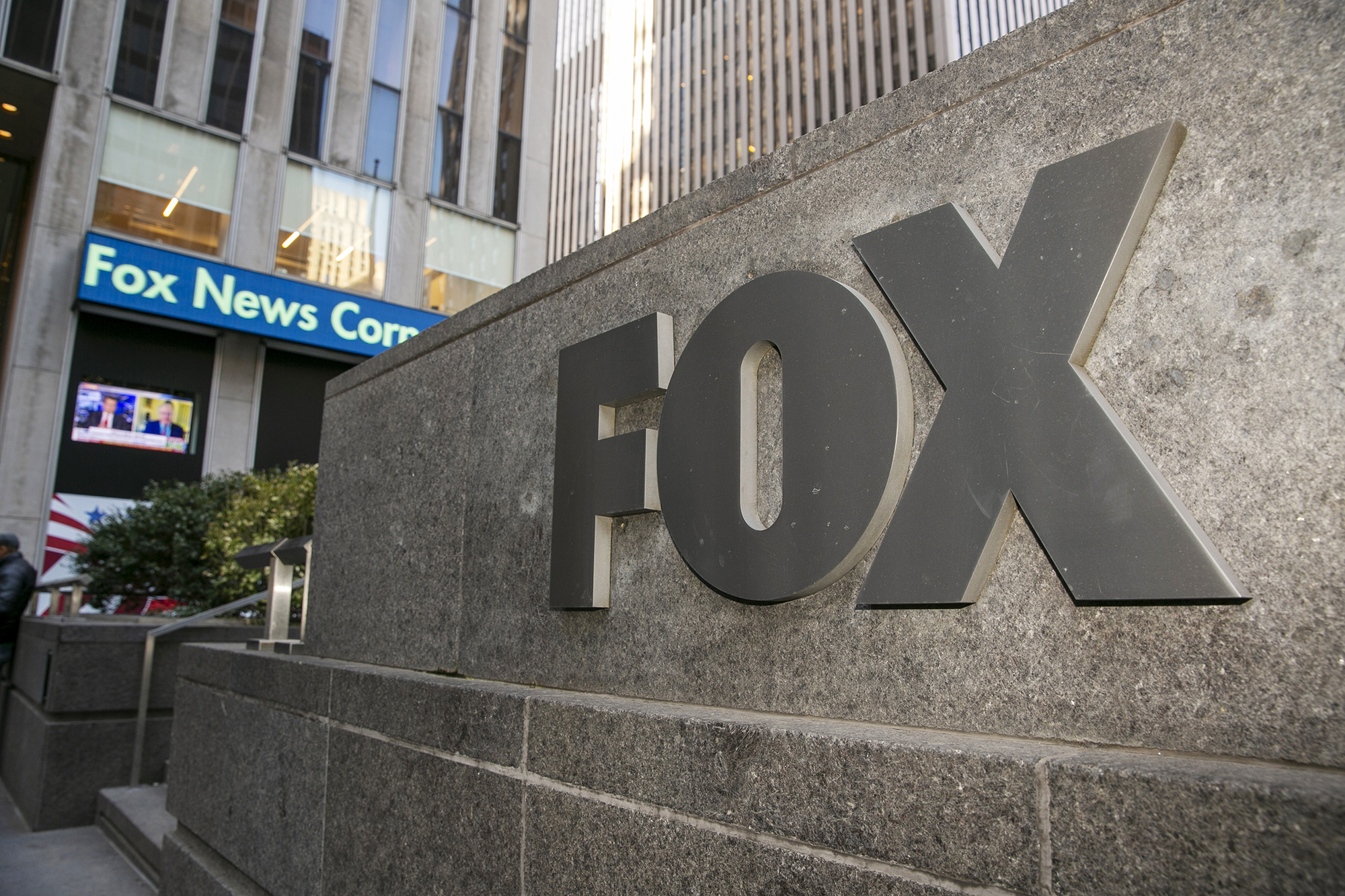 <i>Ted Shaffrey/AP</i><br/>The Fox News producer who sued the network last week over her Dominion testimony says she was fired. Pictured are the Fox News studios and headquarters in New York City on March 21.