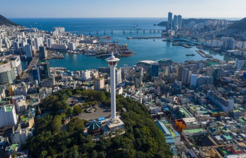 Overlooking the city with Busan Tower in Yongdusan Park. Nampo-dong