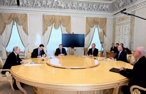 Russian President Vladimir Putin and US special envoy Steve Witkoff meet inside the Constantine Palace in St. Petersburg on October 21.